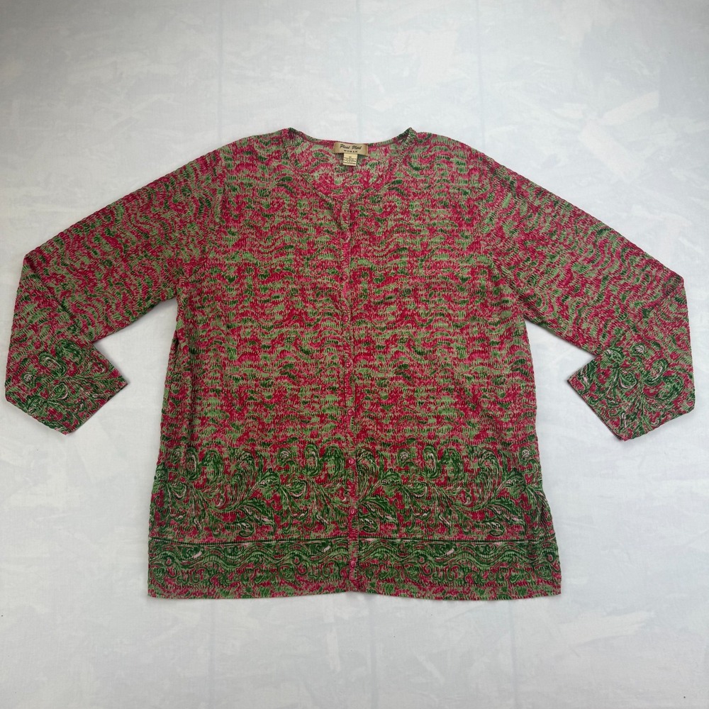 Pleat‎ Pleat Cardigan Sweater Womens 1X Pink Green Printed Long Sleeve Button-Up